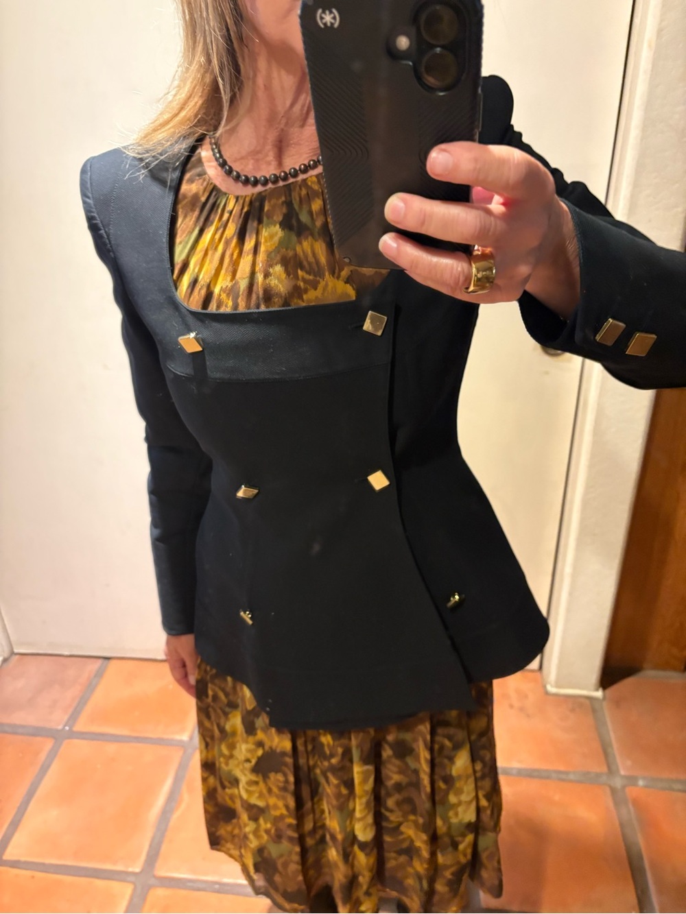 Women's Black Tailored Blazer with Gold Square Button Detail